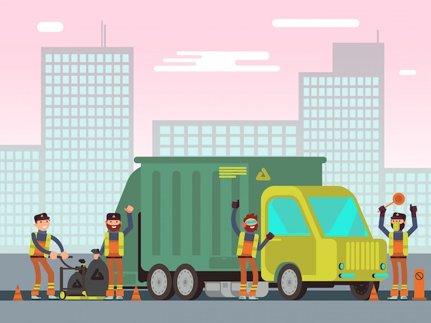 Waste management and city garbage collection for recycling vector concept with sanitation workers