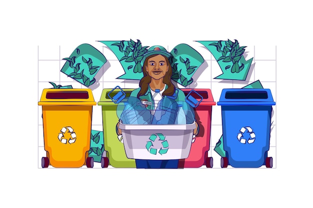 Waste management concept with people scene in flat cartoon design for web Woman collects and separates into trash bins for recycle Vector illustration for social media banner marketing material