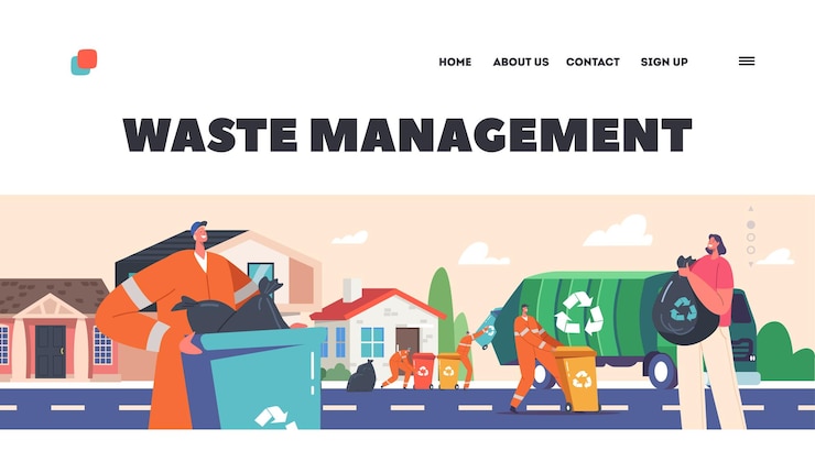 Vector waste management landing page template scavengers collect litter to truck on street rubbish and waste recycling