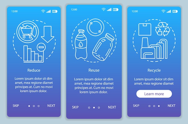Modello vettoriale dello schermo della pagina dell'app mobile per l'onboarding della gestione dei rifiuti