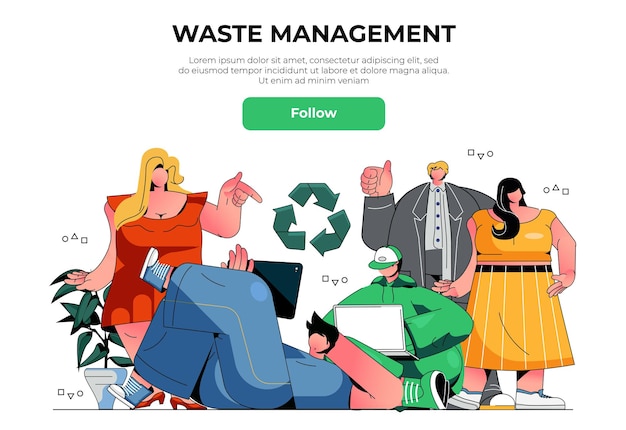 Concetto di banner web di gestione dei rifiuti. uomini e donne volontarie si prendono cura dell'ecologia, del progetto ecosociale, del riciclaggio dei rifiuti, del modello della pagina di destinazione. illustrazione vettoriale con scena di persone in design piatto