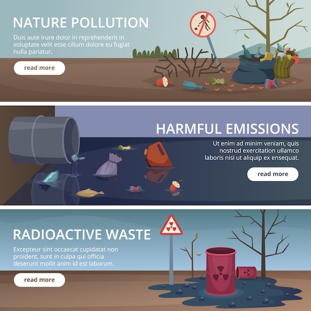 자연 배너를 낭비. 강과 바다 오염 공장 문제 공기 그림에서 독성 쓰레기