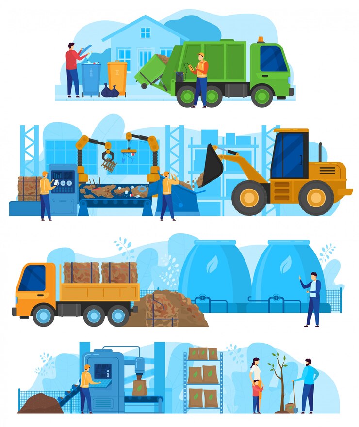 Vector waste processing factory, garbage recycling industry machines cars, van and tractor with workers people vector illustration
