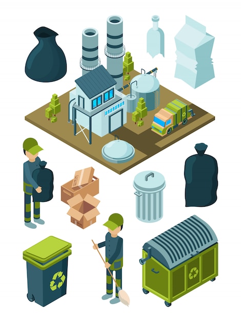 Waste recycle isometric. refuse garbage facility sort plastic container disposal trash truck symbols