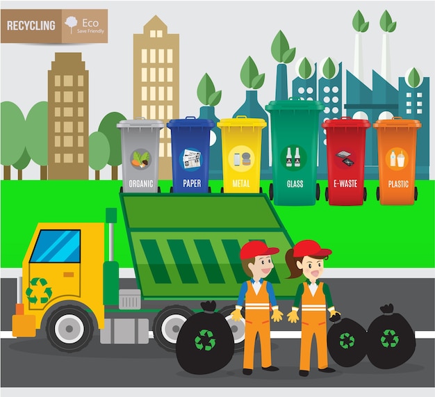Riciclaggio dei rifiuti e camion della spazzatura