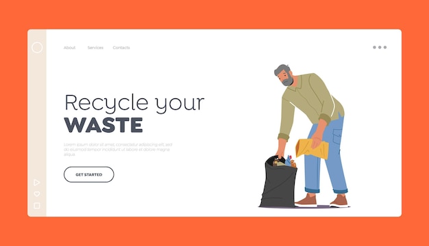 Vector waste recycling landing page template senior volunteer male character clean garbage from ground man collecting trash