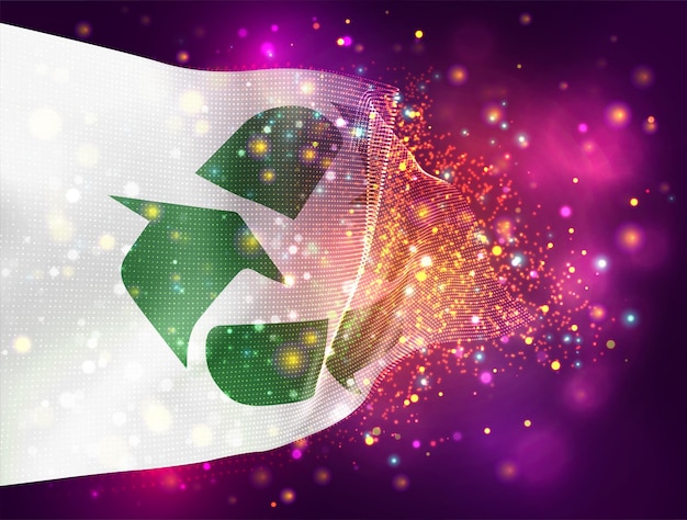 Waste recycling vector 3d flag on pink purple background with lighting and flares