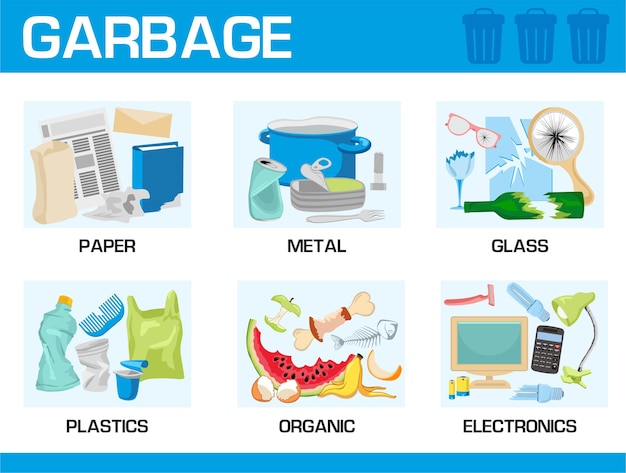 Waste segregation infographic Sorting garbage by material and type Separating and recycling garbage