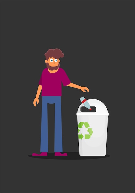 Smistamento dei rifiuti raccogliere le bottiglie di plastica nel vettore del sacco della spazzatura