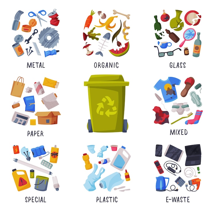 Vector waste sorting different types of garbage paper plastics metal glass organic ewaste segregation and separation rubbish disposal refuse bins vector illustration