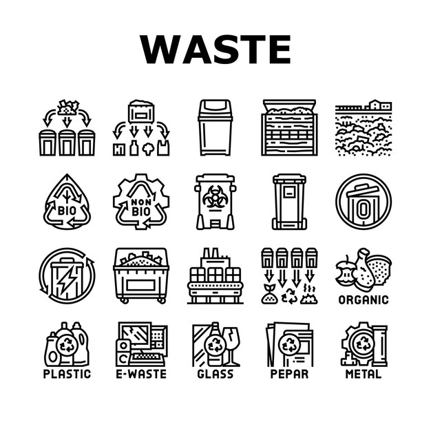 Waste sorting garbage plastic icons set vector