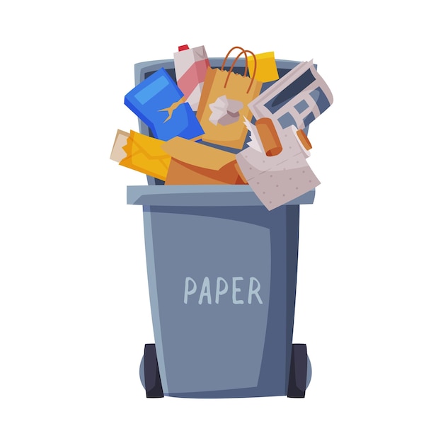 Вектор Сортировка отходов серый мусорный контейнер с сортированной бумагой сегрегация и сегрегация мусора удаление мусора