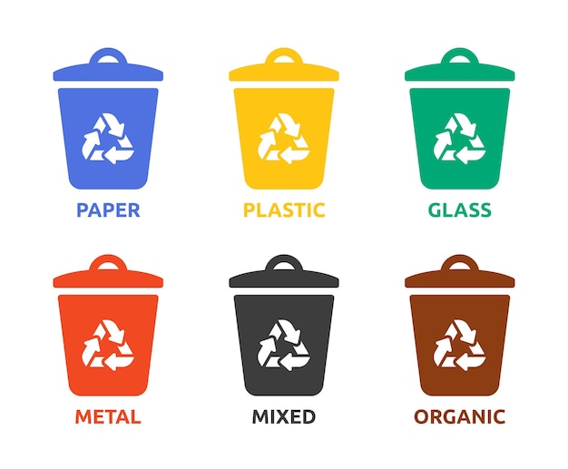 Waste sorting icon vector set illustration. Symbol of separate bin and trash can for recycling.