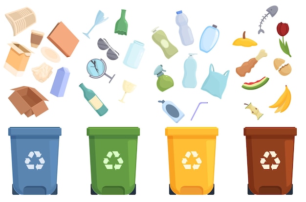 Waste sorting icons set cartoon vector garbage sorting