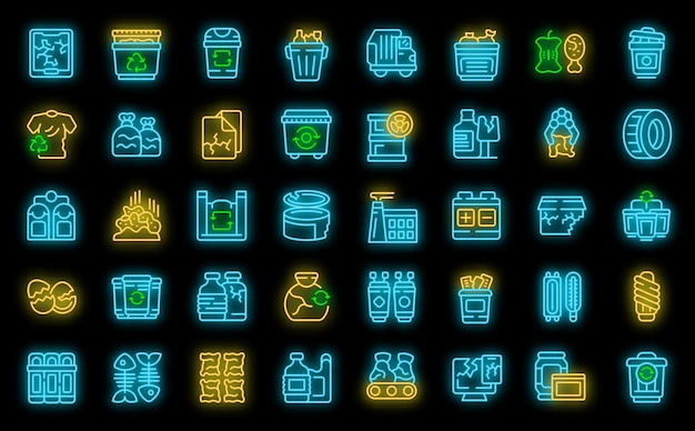 Waste sorting icons set vector neon