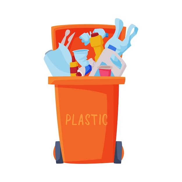 廃棄物の分類 オレンジ色のゴミ箱と分類されたプラスチック ゴミの分離と分離 ゴミ処理 拒否 ゴミ箱 ベクトルイラスト