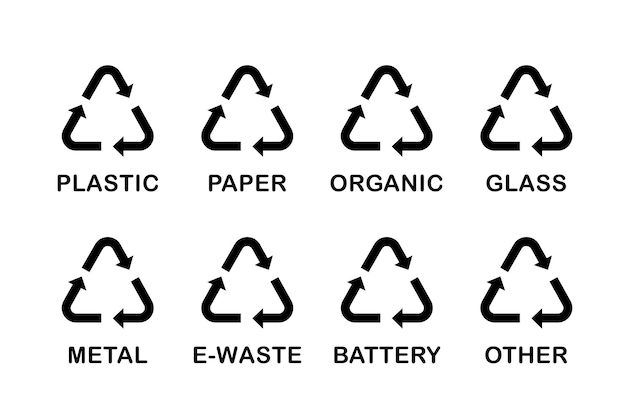 Waste sorting set of black symbols simple wasting bin stickers marks for garbage trash can markers recyclable materials vector label