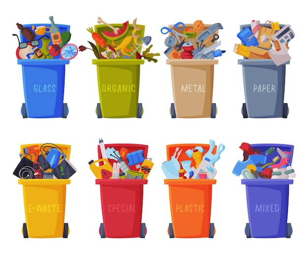Вектор Сортировка отходов набор контейнеров для мусора с сортировкой, сегрегацией и разделением мусора
