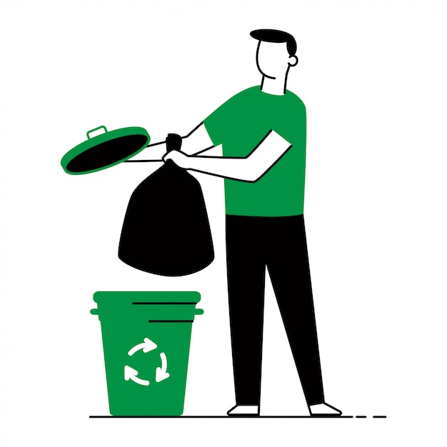 Illustrazione di concetto di vettore di smistamento dei rifiuti di un uomo, sacchi della spazzatura e bidone della spazzatura isolato.