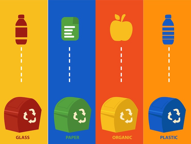 Waste tin vector icon by type organic, plastic, paper, and bottle