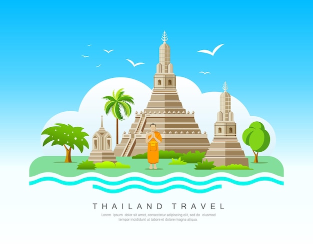 Vector wat arun thailand tempel toeristische bezienswaardigheden achtergrond vectorillustratie