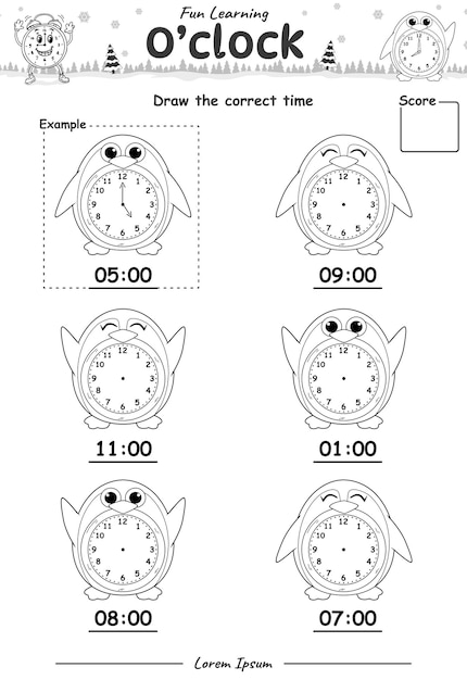 Wat is de tijd Werkblad met pinguïn zwart-wit deel twee