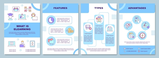 Wat is een e-learning brochure sjabloon. Computer leren. Boekje afdrukontwerp met lineaire pictogrammen. Vectorlay-outs voor presentatie, jaarverslagen, advertenties. Arial-Black, Myriad Pro-Regular lettertypen gebruikt