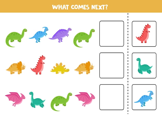 Wat komt er volgende game met schattige cartoon-dinosaurussen. Educatief logisch spel voor kinderen.