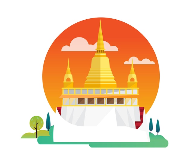 Wat Saket Ratcha Wora Maha Wihan, Golden mount ,Thailand , Vector Illustration