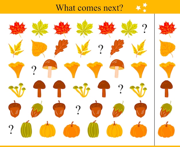 Wat volgt? Educatief spel voor kinderen. Herfst vectorillustratie