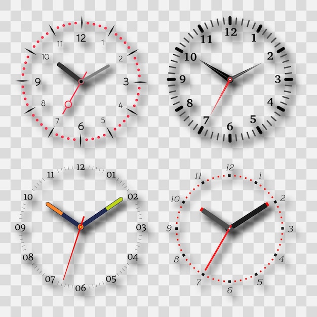 Quadrante dell'orologio su uno sfondo trasparente con un'ombra. set di quattro elementi. illustrazione vettoriale
