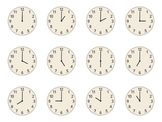 Vector watch faces cartoon clocks showing different time round analog watch faces with numbers flat vector illustration set vintage clock faces