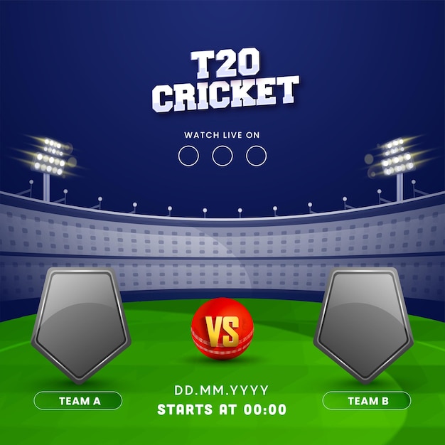 青と緑のスタジアムの背景に空の 3 D シールドを持つチーム A VS B 間のライブ T20 クリケットの試合を見る
