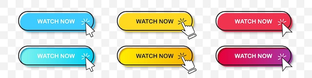 Watch Now buttons collection with cursor pointer in two styles. Flat design and gradient with shadow. Set of digital web button on a transparent background