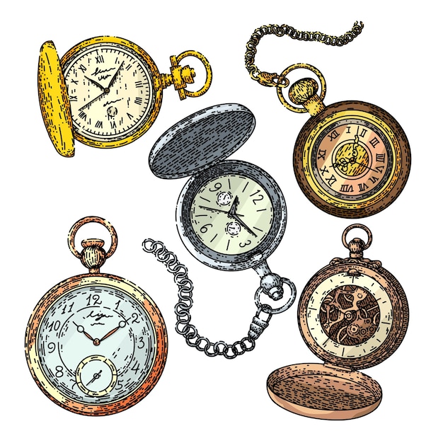 Watch pocket old set sketch hand drawn vector