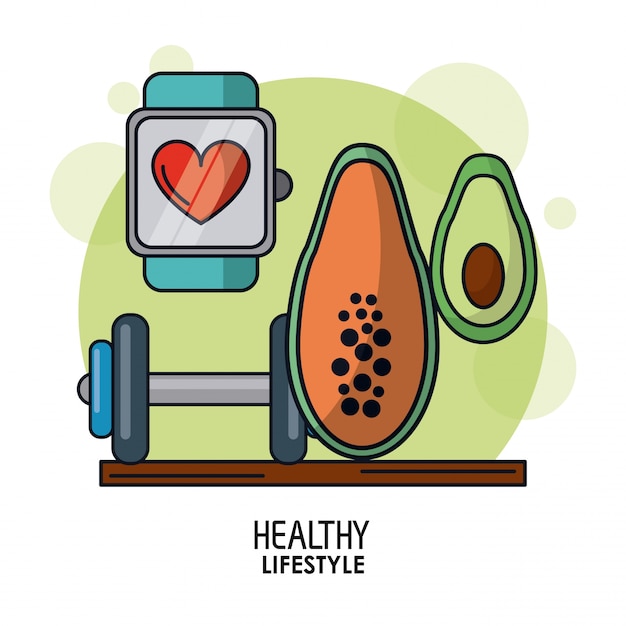 Watch pulsation monitoring and dumbbell and papaya and avocado