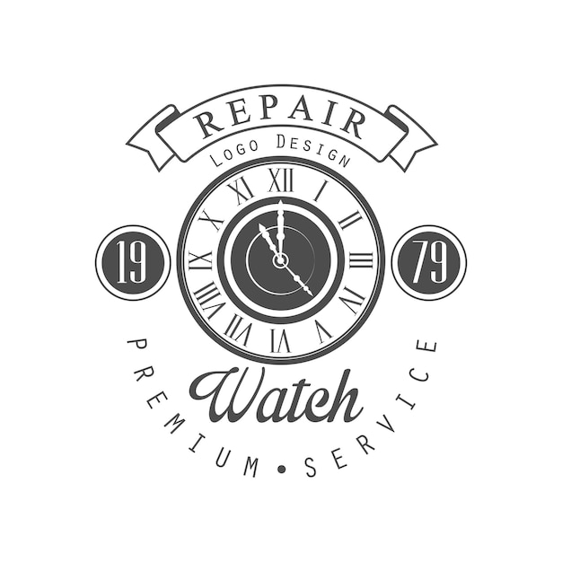 Watch repair logo design premium service since 1979 black and white vintage clock repair service emblem vector Illustration isolated on a white background