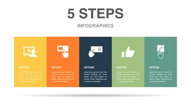 Guarda il video scopri di più leggi di più come visita link icone modello di layout di progettazione infografica concetto di presentazione creativa con 5 passaggi