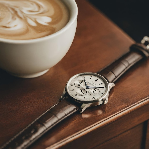 watch with coffee on wooden table watch with coffee on wooden table