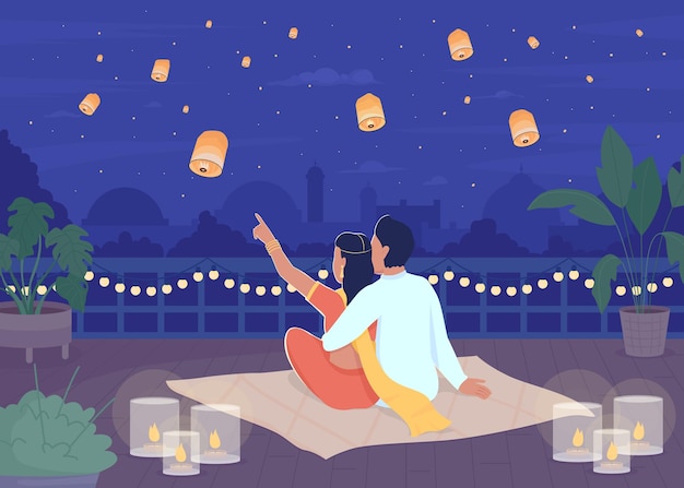 Watching lanterns in sky on diwali flat color vector illustration