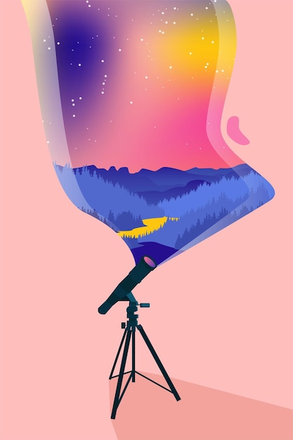 Vector watching stars through telescope starry night mountain neon landscape astronomical telescope tube