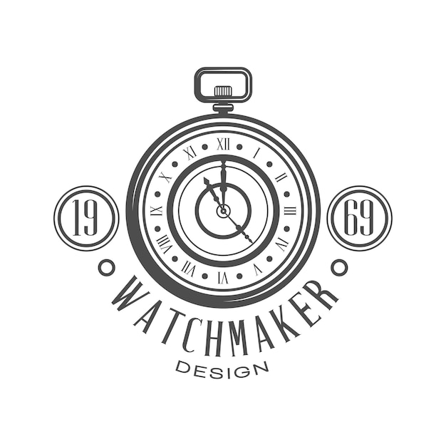 Watchmaker logo design monochrome vintage clock repair service emblem vector Illustration isolated on a white background