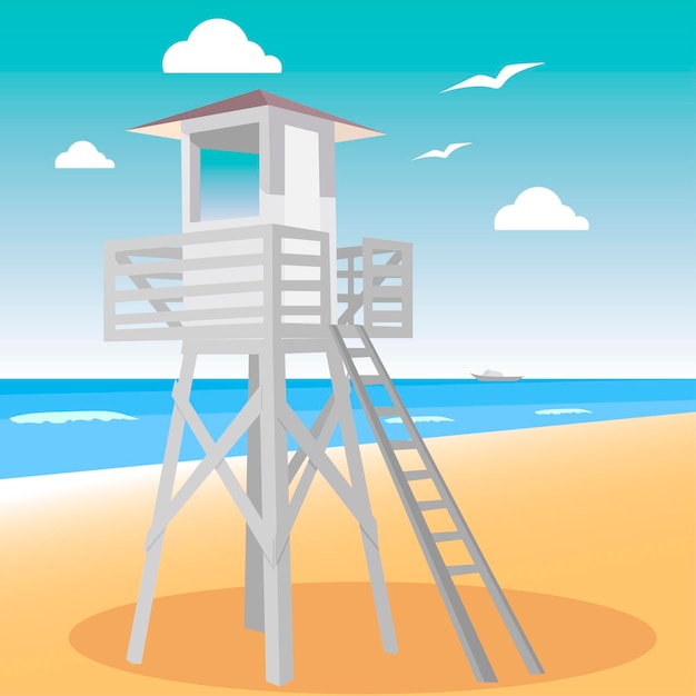 Vector watchtower for lifeguards on the beach sunny day on the coast with a hut for watching the sea