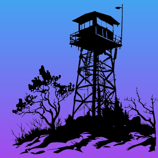 Watchtower silhouette in black color in sunset gradient background, watchtower vector illustration