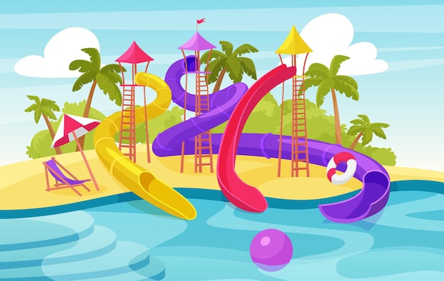 Vector water amusement park, cartoon aquapark summer resort with waterslides and pool