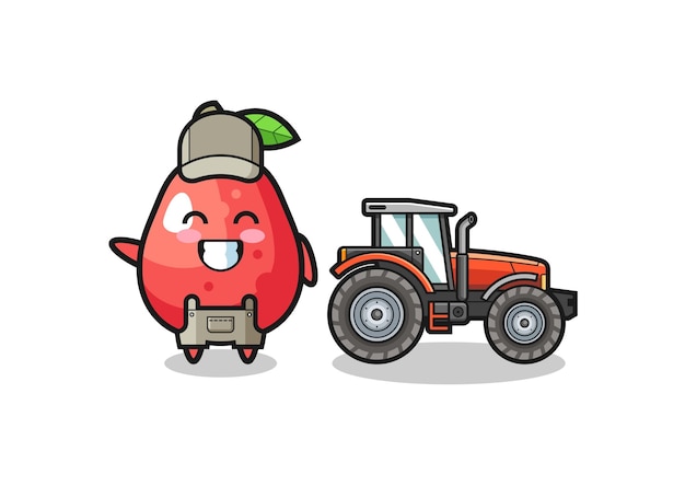 The water apple farmer mascot standing beside a tractor cute design