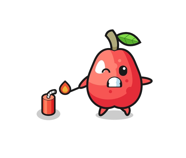 Water apple mascot illustration playing firecracker  cute design