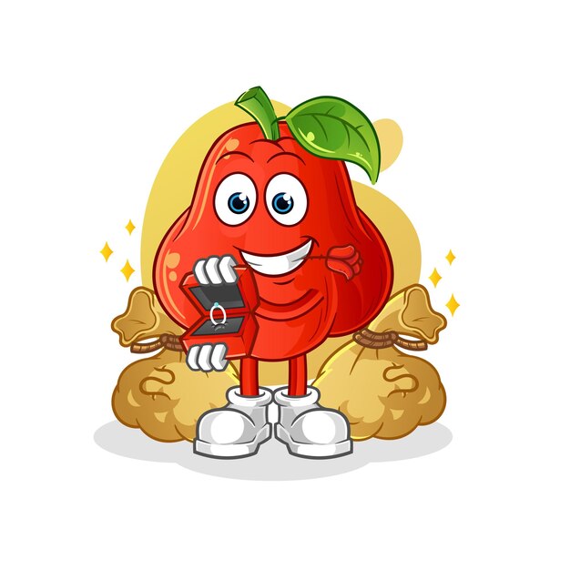 Water apple propose with ring. cartoon mascot vector