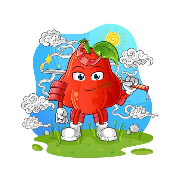 Water apple samurai cartoon. cartoon mascot vector
