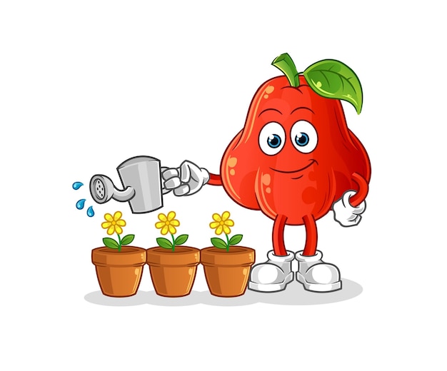 Water apple watering the flowers mascot cartoon vector